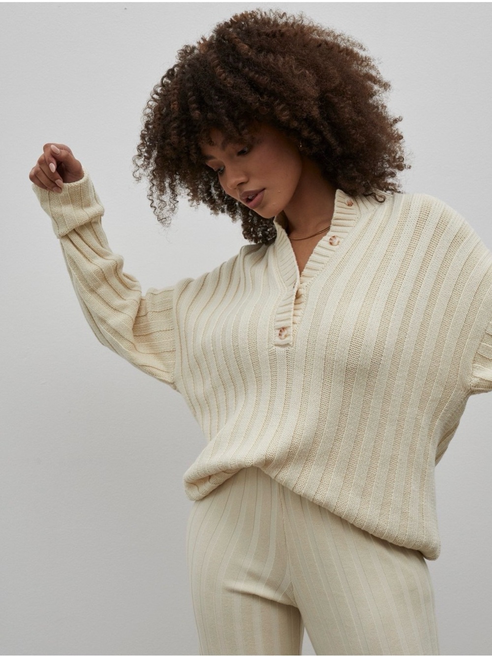 Ribbed Button-Neck Knit Lounge Set in Light Tan